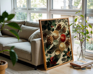 Festive Candle Flatlay Print – Modern Christmas Wall Art with Holly and Pinecones - Just Great Posters