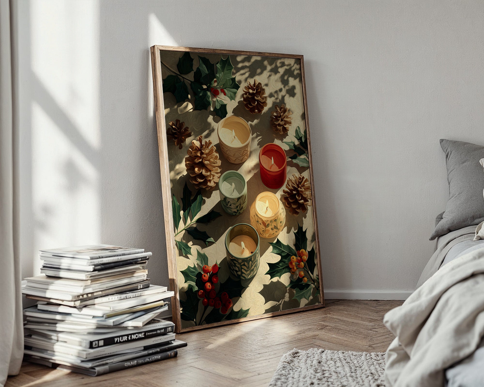 Festive Candle Flatlay poster mockup in a modern room setting