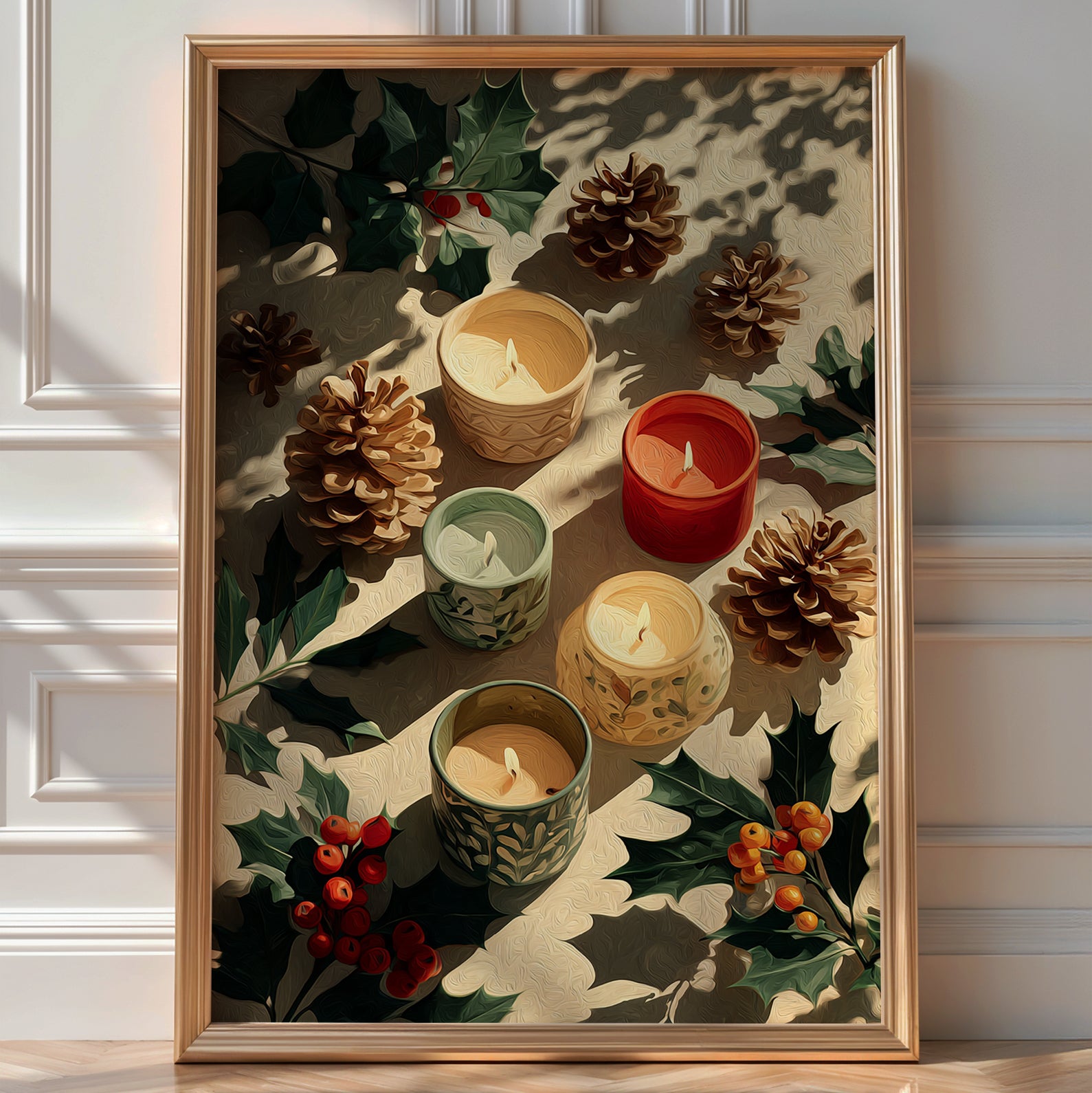 Overhead still life of lit candles, pinecones and holly sprigs, festive Christmas flatlay print