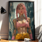 Neon Brawler – Pink - Haired Street Style Portrait Art Print - Just Great Posters