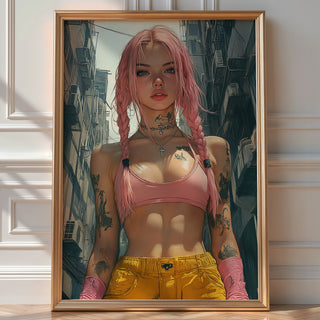 Neon Brawler – Pink - Haired Street Style Portrait Art Print - Just Great Posters