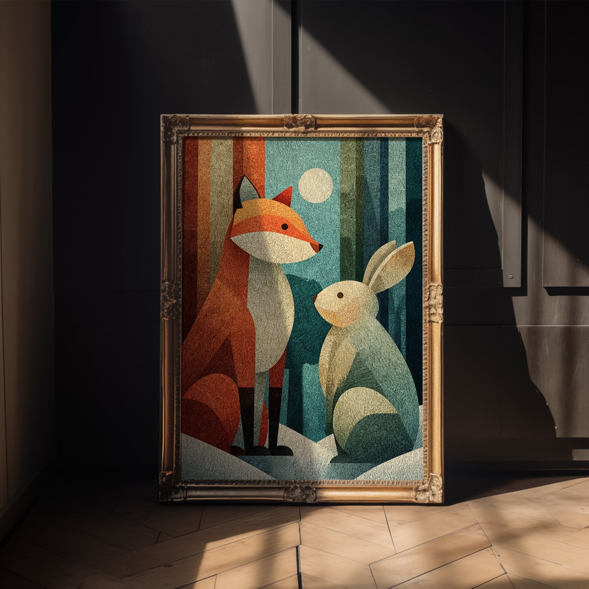 Close-up view of the Fox and Bunny poster