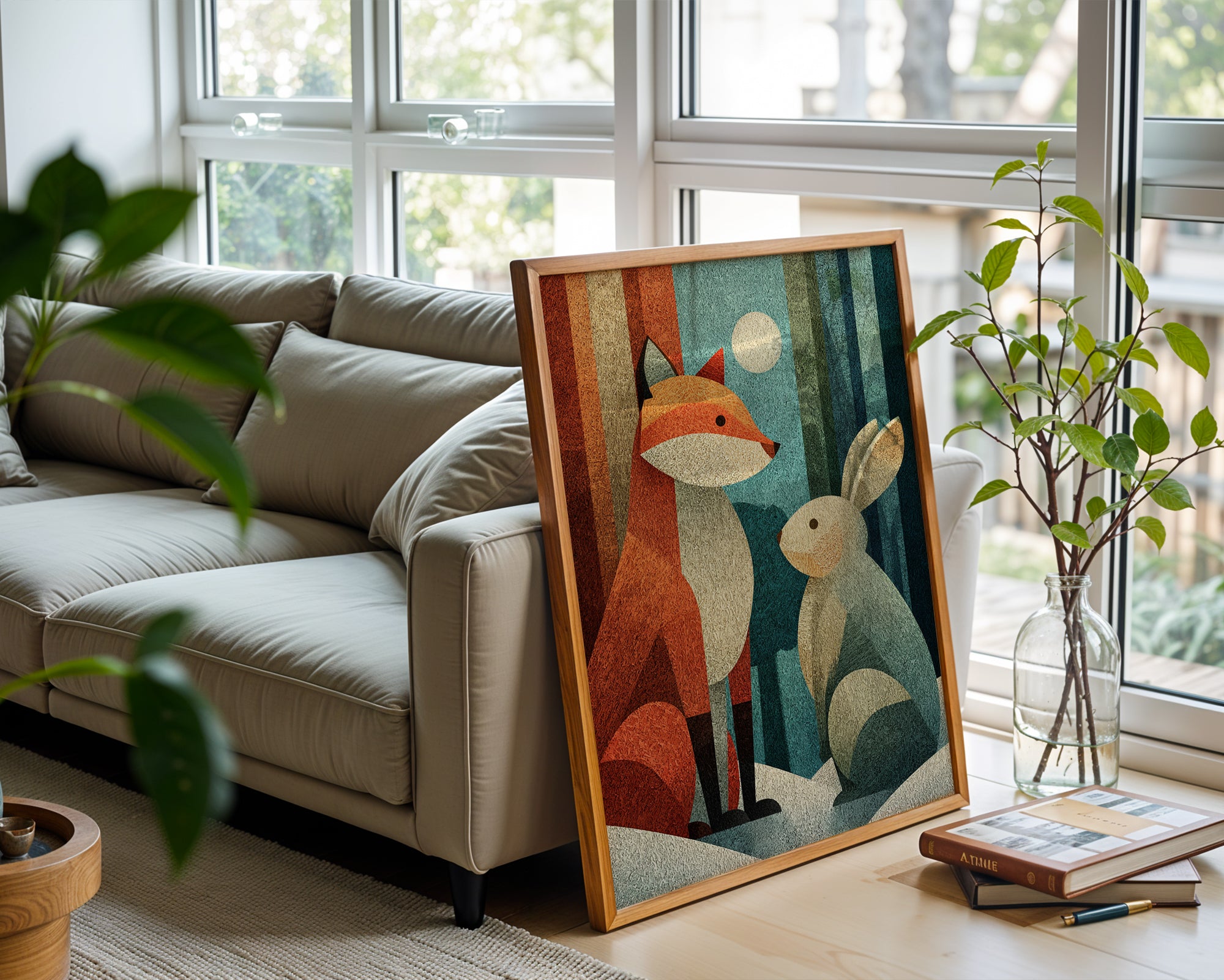 Fox and Bunny poster displayed in a cosy interior setting