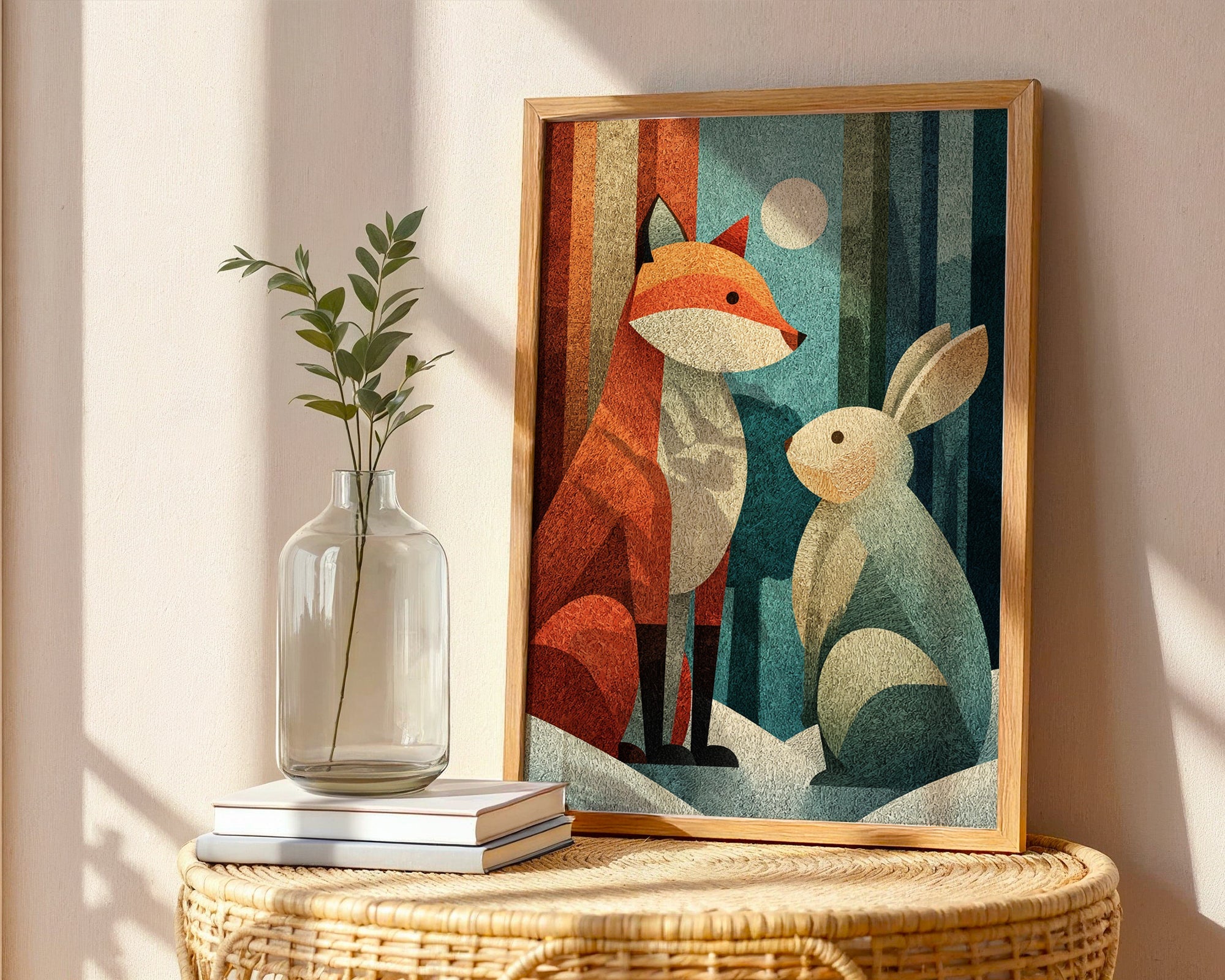 Fox and Bunny poster mockup shown on a gallery wall
