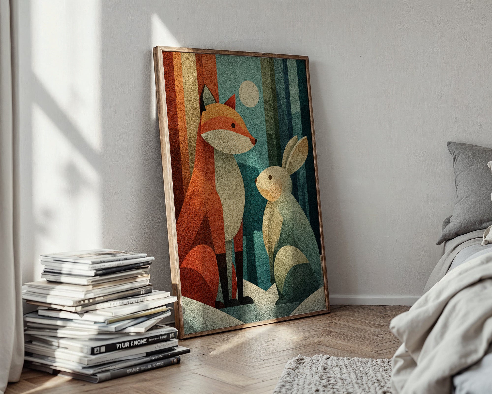 Fox and Bunny poster mockup in a modern room setting