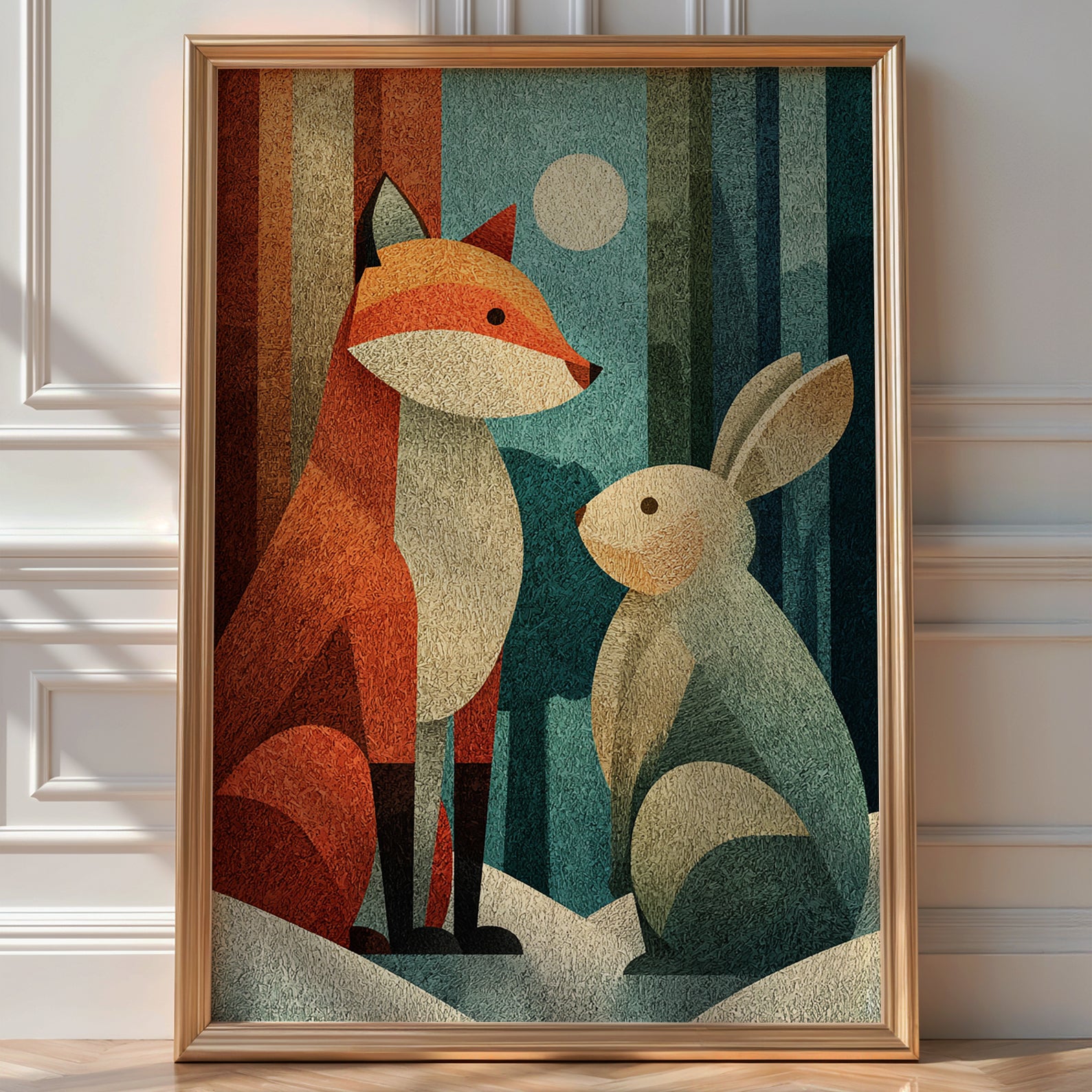 Side view of a fox and hare facing each other in a snowy winter scene, whimsical animal print