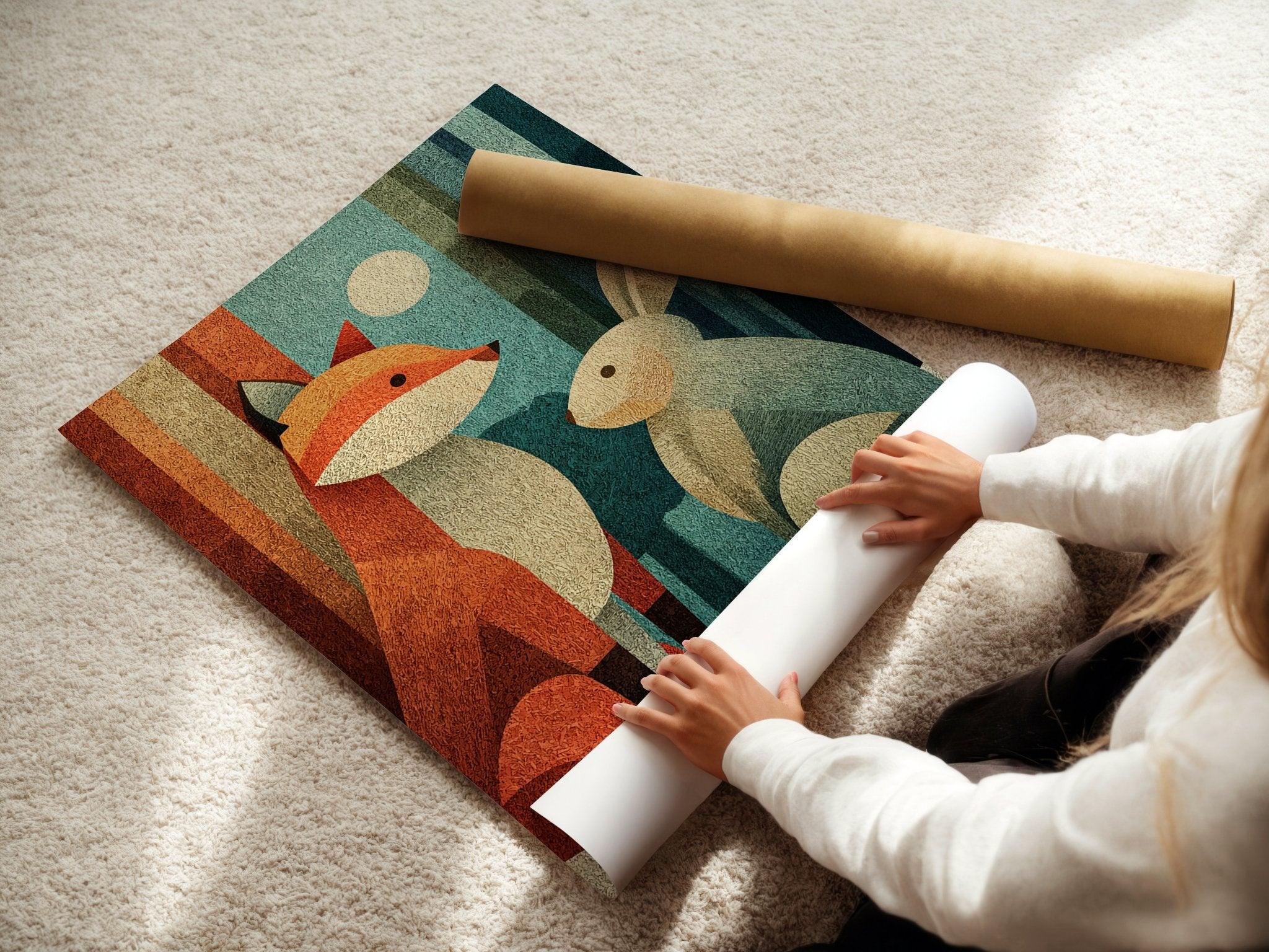 Fox and Bunny poster displayed in a styled room setting
