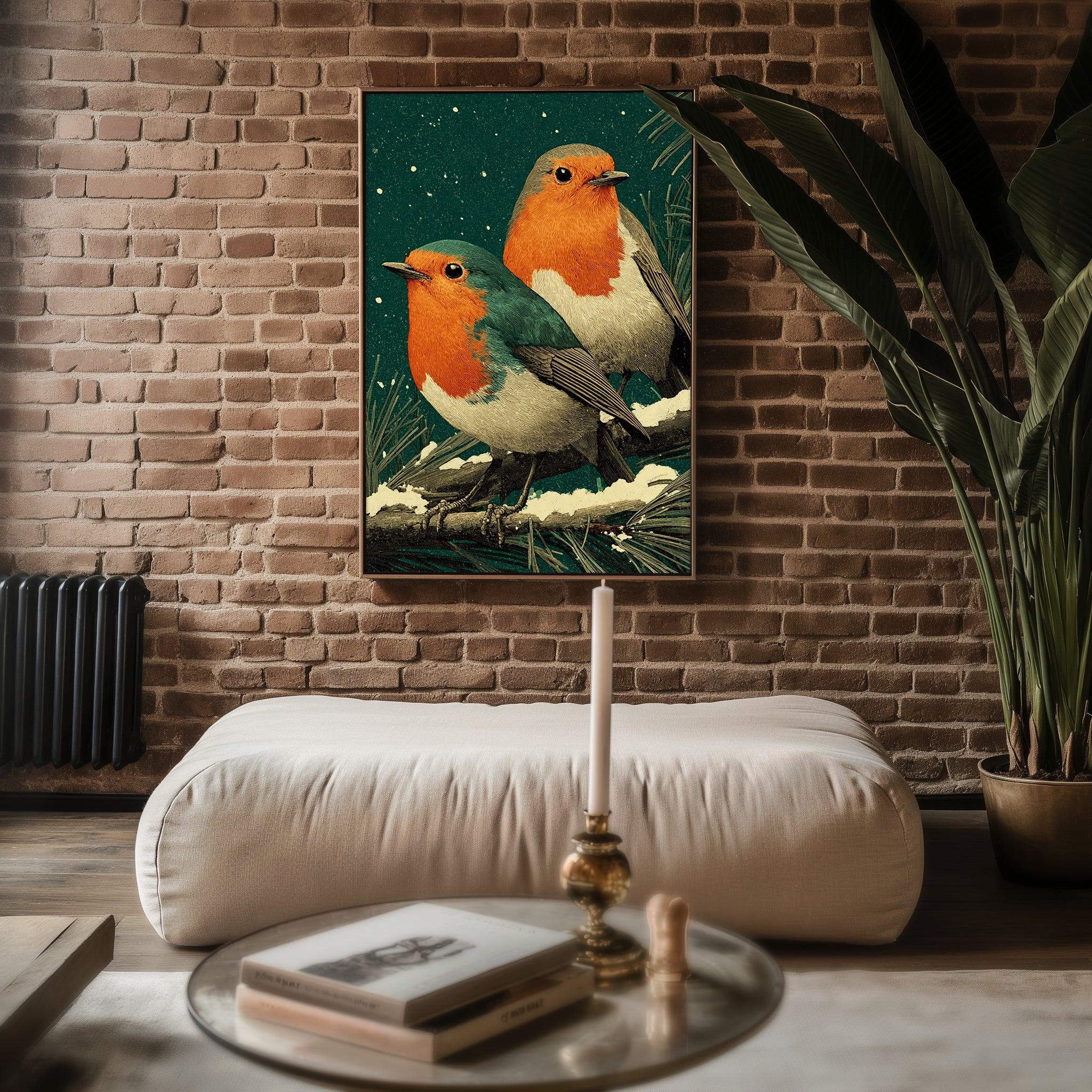 Vintage Robin Bird poster mockup shown on a gallery wall