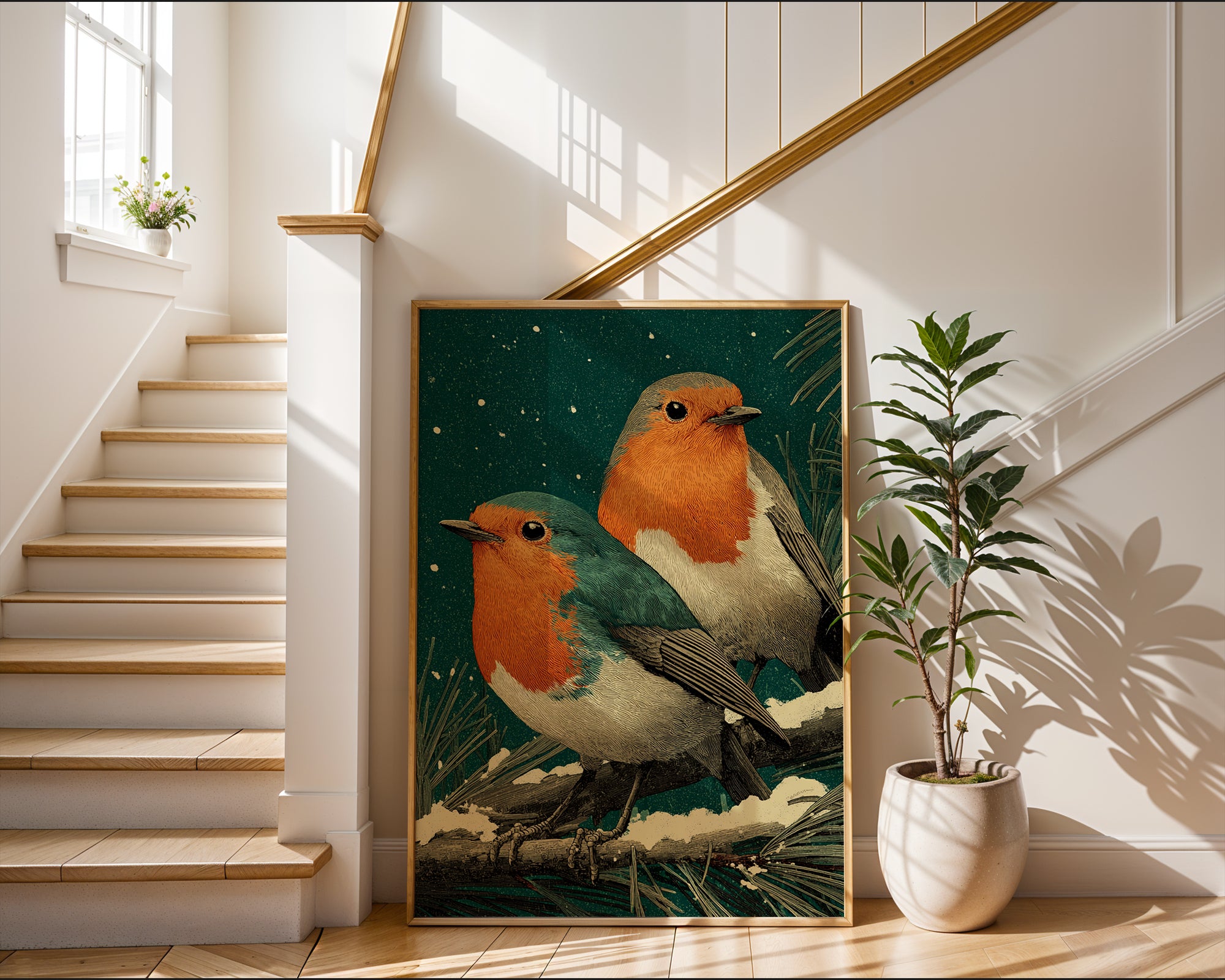 Vintage Robin Bird poster shown in an alternative frame style