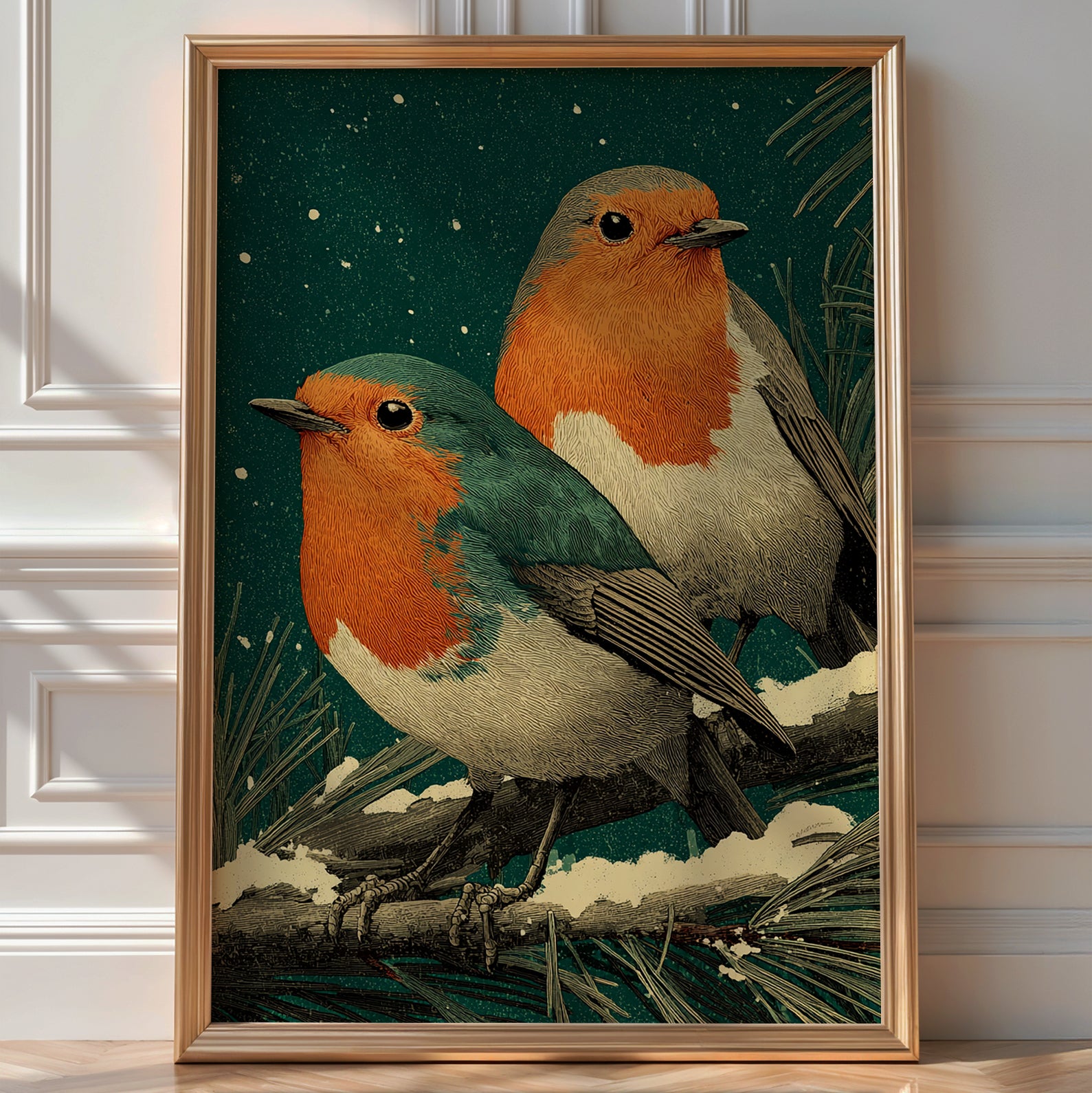 Two small robin birds perched on a snowy pine branch, vintage-style Christmas wall art