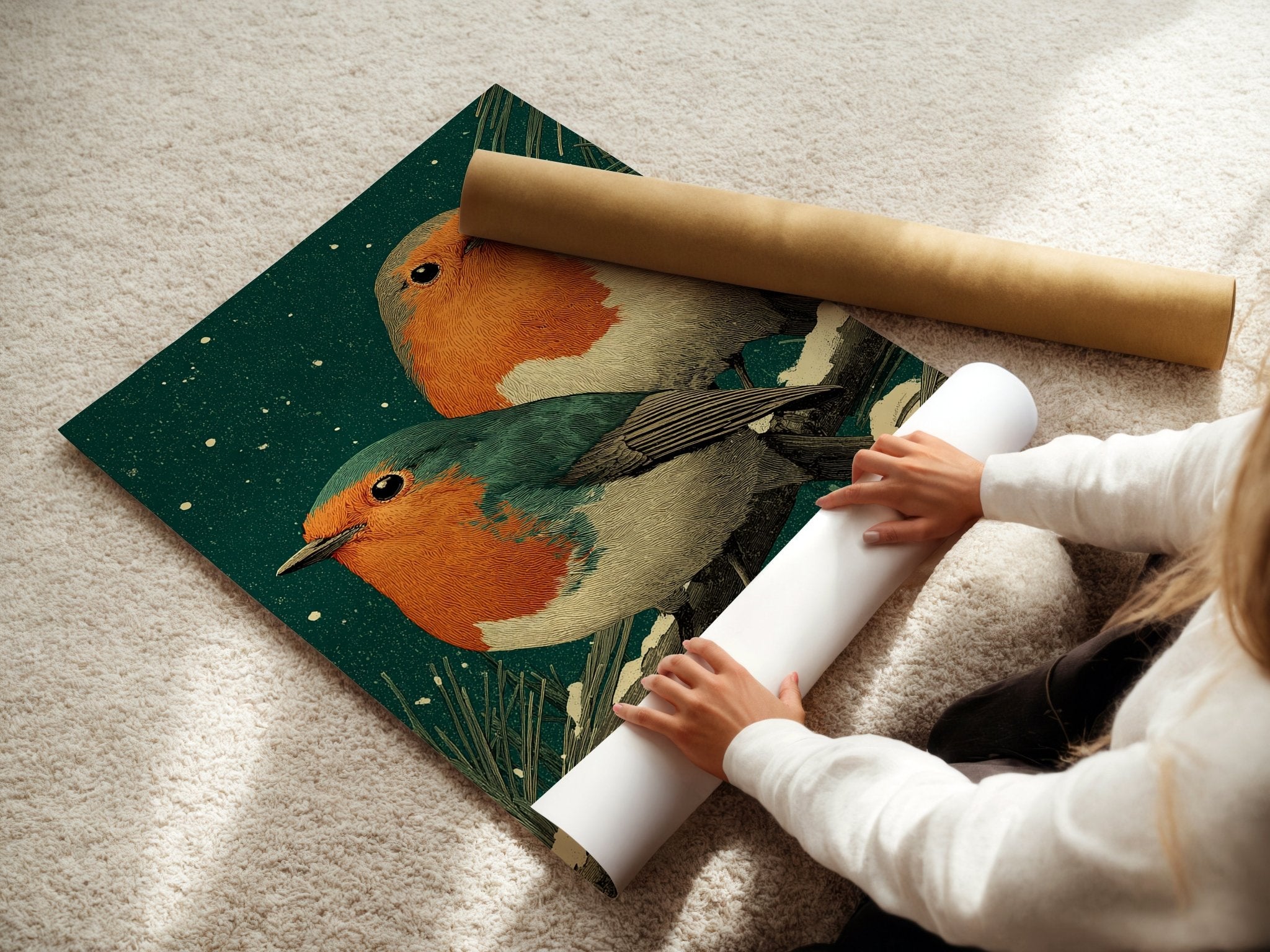 Vintage Robin Bird poster displayed in a styled room setting