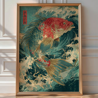 Japanese Koi Fish Art Print – Vintage Woodblock Style Ocean Wave Poster - Just Great Posters