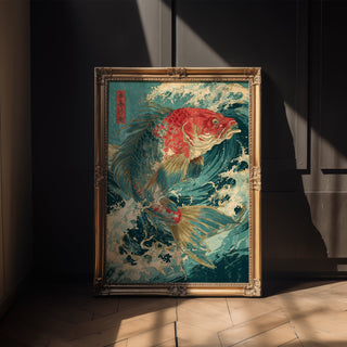 Japanese Koi Fish Art Print – Vintage Woodblock Style Ocean Wave Poster - Just Great Posters