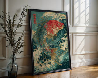 Japanese Koi Fish Art Print – Vintage Woodblock Style Ocean Wave Poster - Just Great Posters