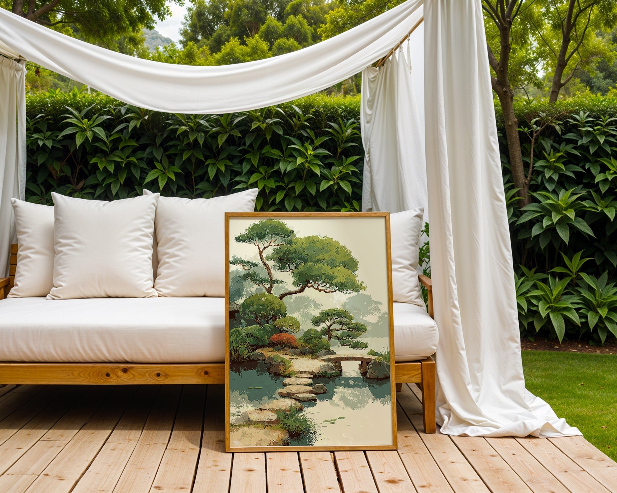 Lush Garden Pond with Bridge – Painterly Landscape - Just Great Posters