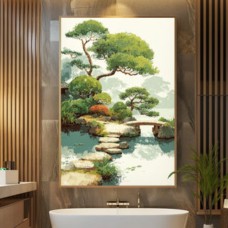 Lush Garden Pond with Bridge – Painterly Landscape - Just Great Posters