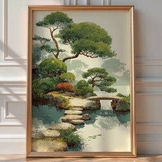 Lush Garden Pond with Bridge – Painterly Landscape - Just Great Posters