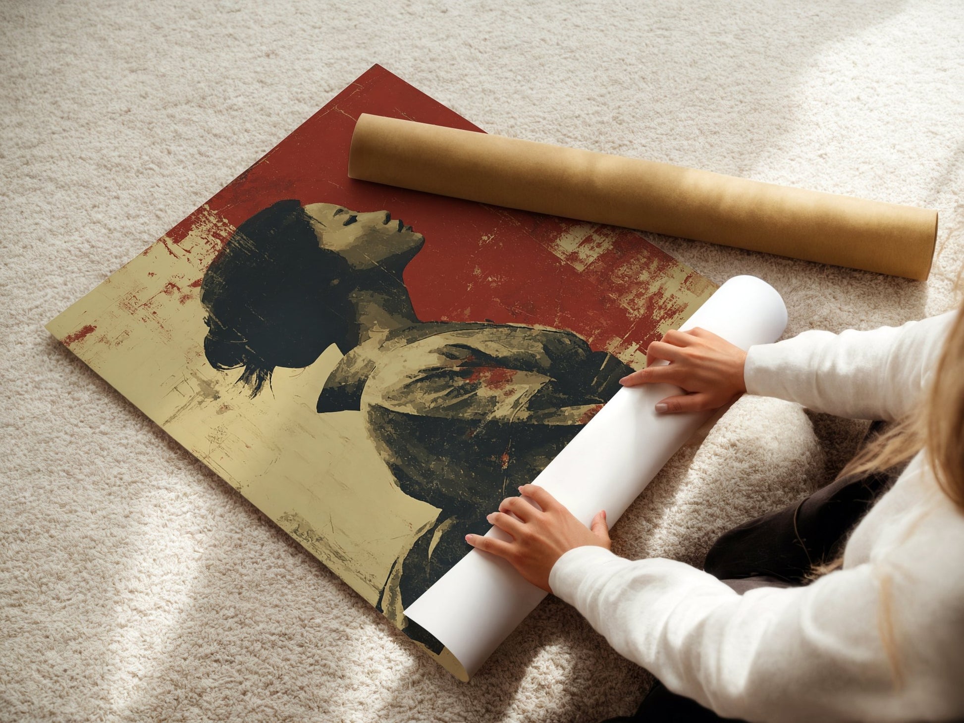 Geisha Serenity – Japanese Woman Portrait Art Print in Red and Beige - Just Great Posters