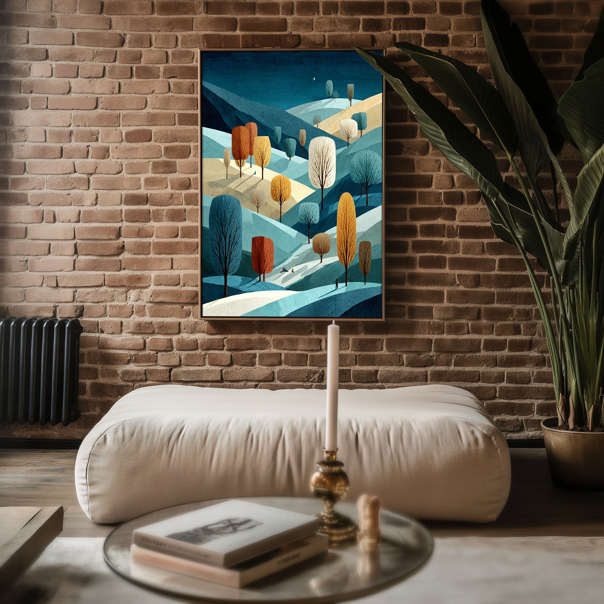 Winter Landscape poster mockup shown on a gallery wall