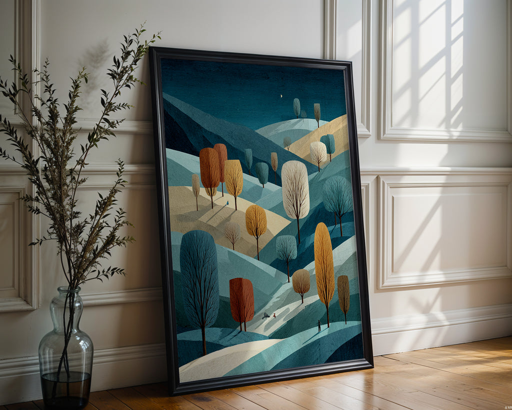 Winter Landscape poster displayed in a cosy interior setting