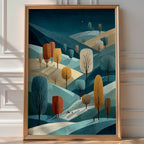Wide shot of rolling snowy hills and bare trees under a pale winter sky, minimalist landscape print