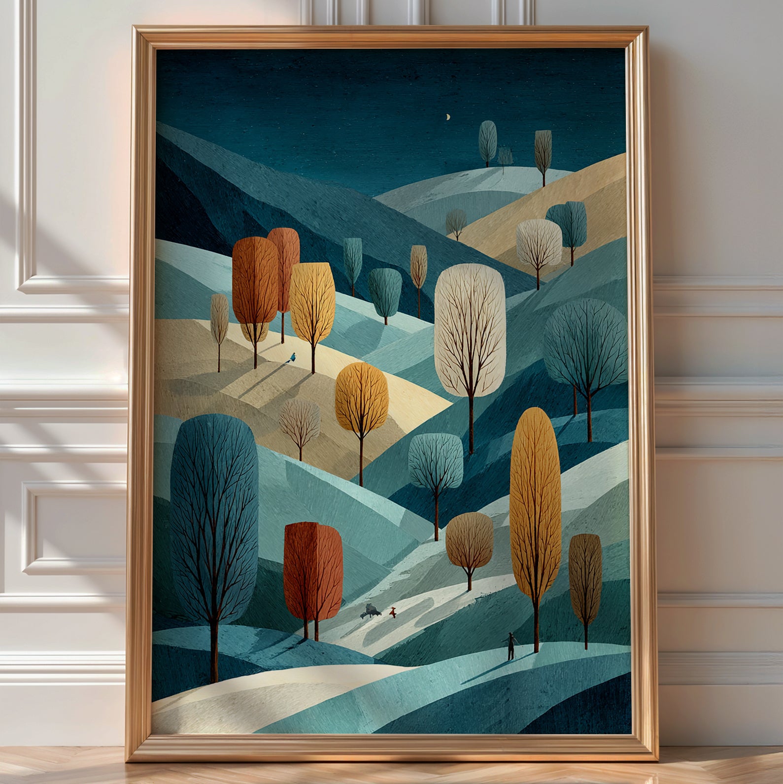 Wide shot of rolling snowy hills and bare trees under a pale winter sky, minimalist landscape print