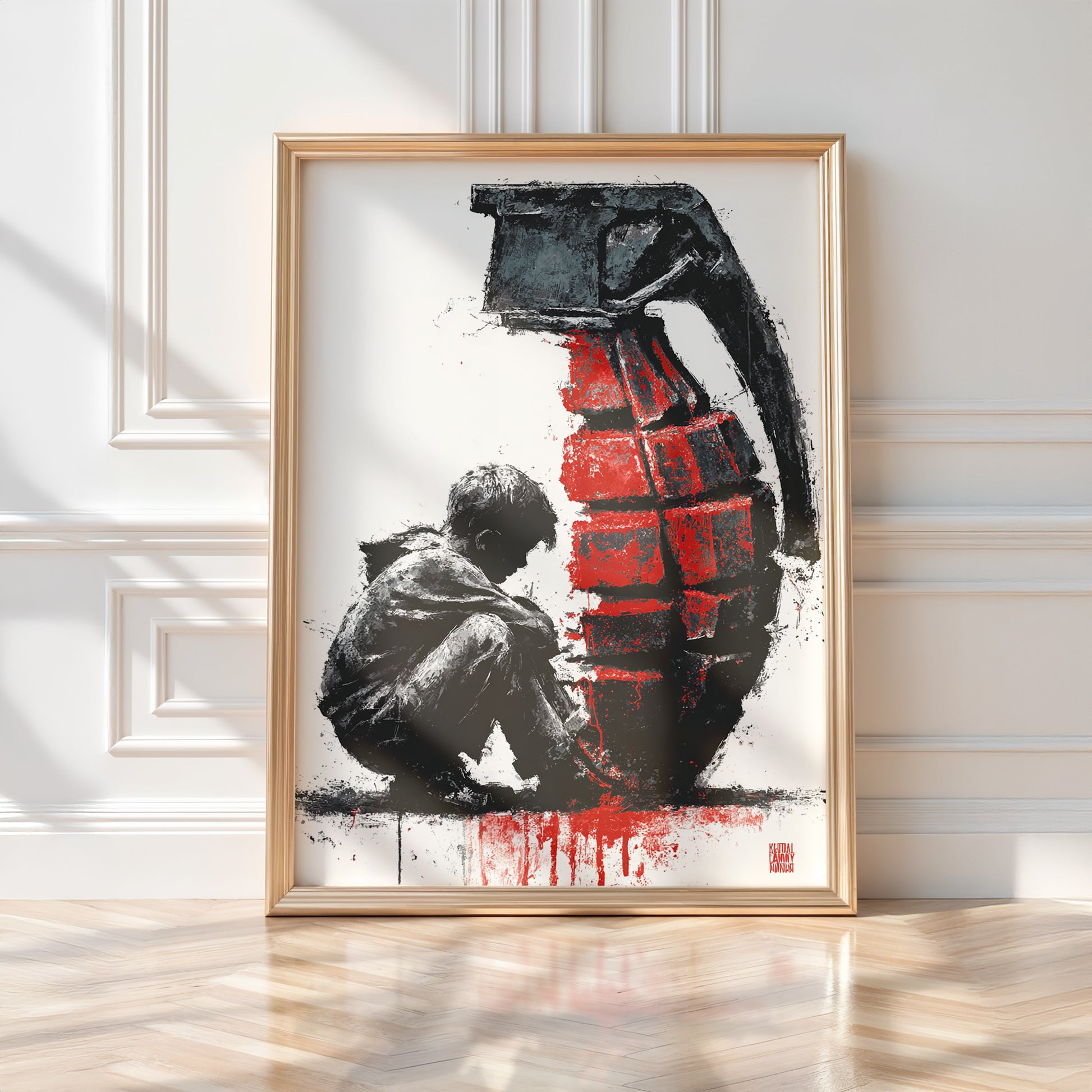 Boy with Grenade Poster – Gritty Political Street Art Print in Red and Black - Just Great Posters