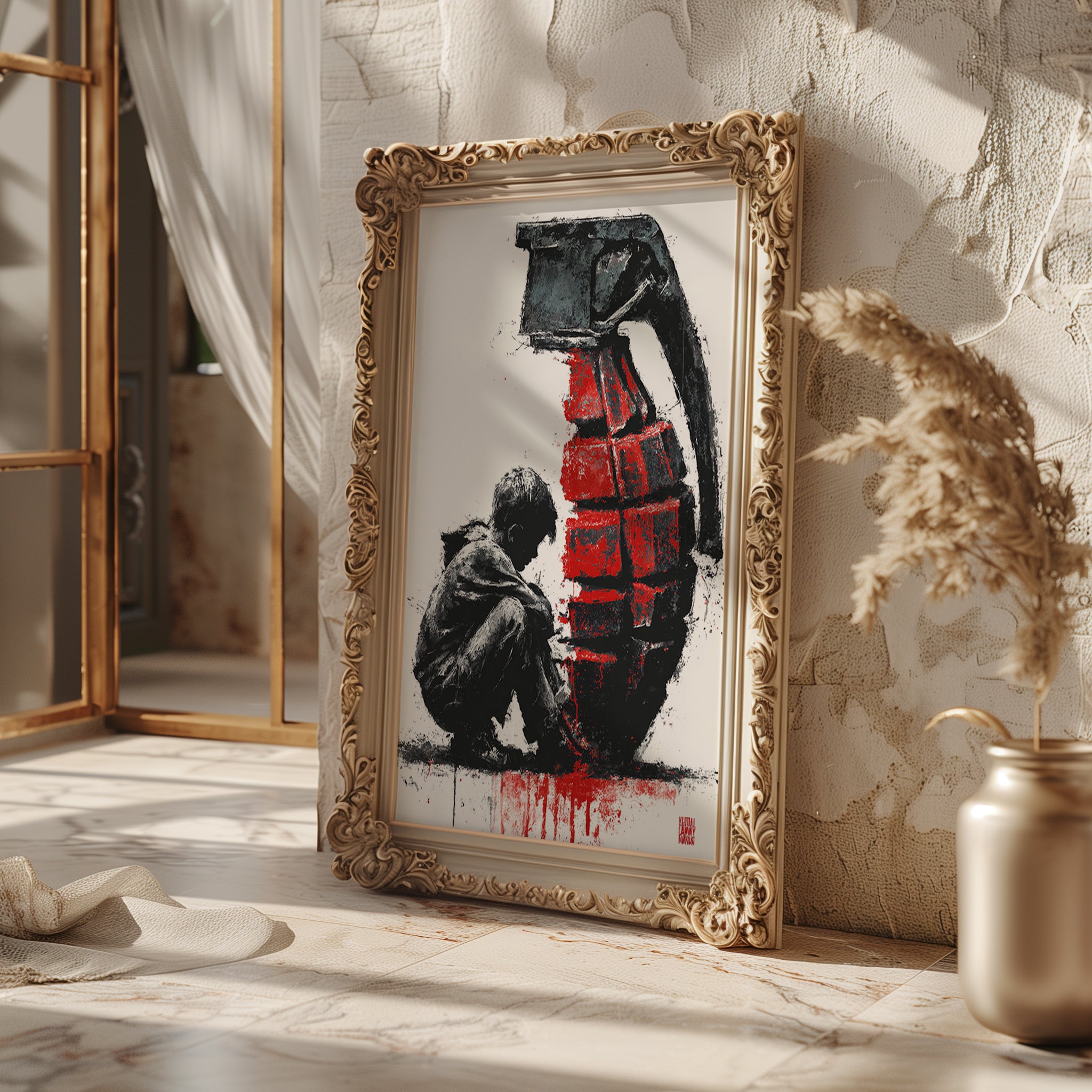 Boy with Grenade Poster – Gritty Political Street Art Print in Red and Black - Just Great Posters