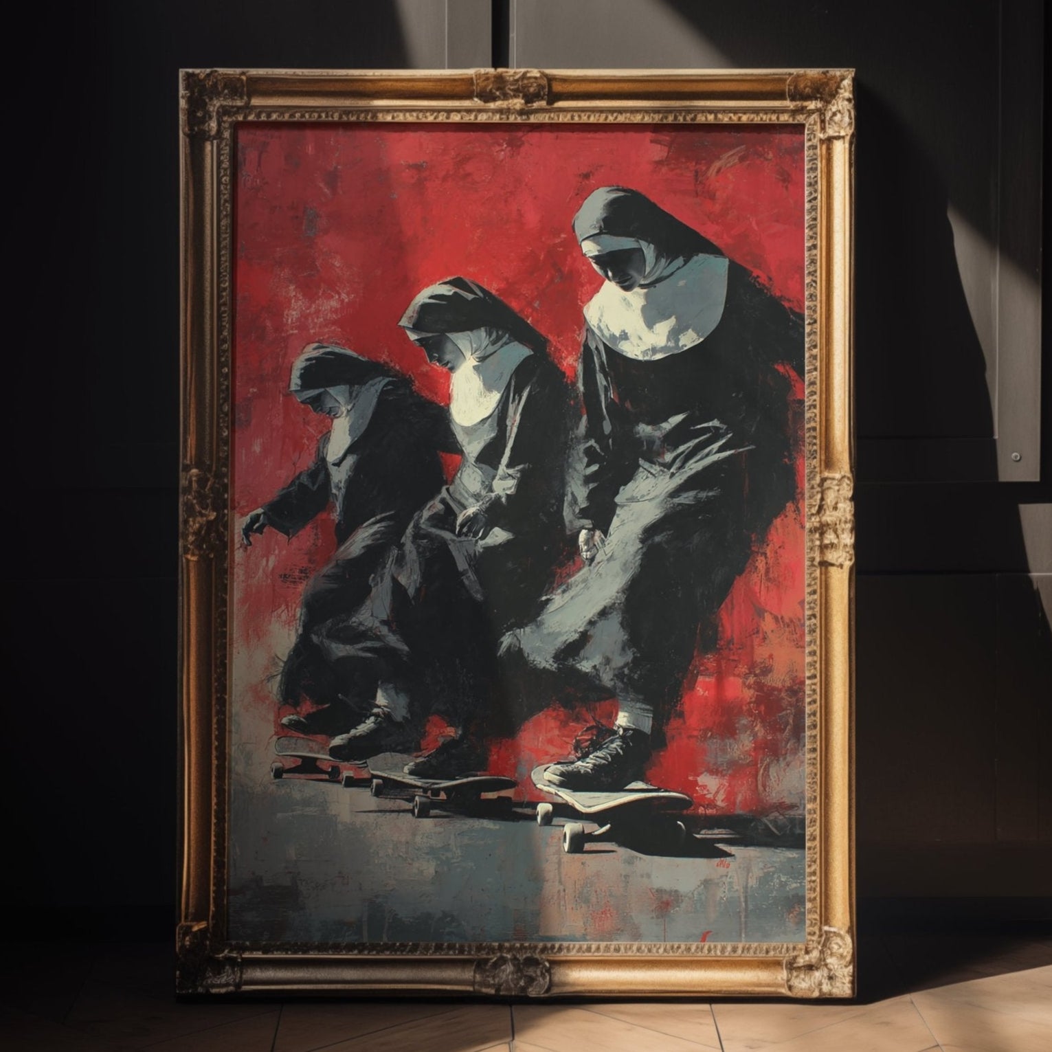 Skateboarding Nuns Poster – Rebellious Religious Art with Street Style Twist - Just Great Posters