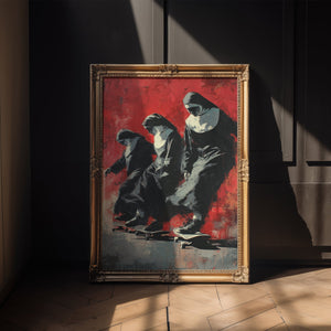 Skateboarding Nuns Poster – Rebellious Religious Art with Street Style Twist - Just Great Posters