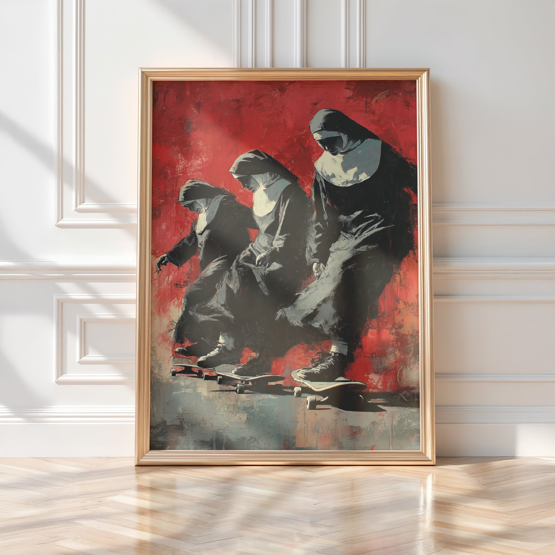 Skateboarding Nuns Poster – Rebellious Religious Art with Street Style Twist - Just Great Posters