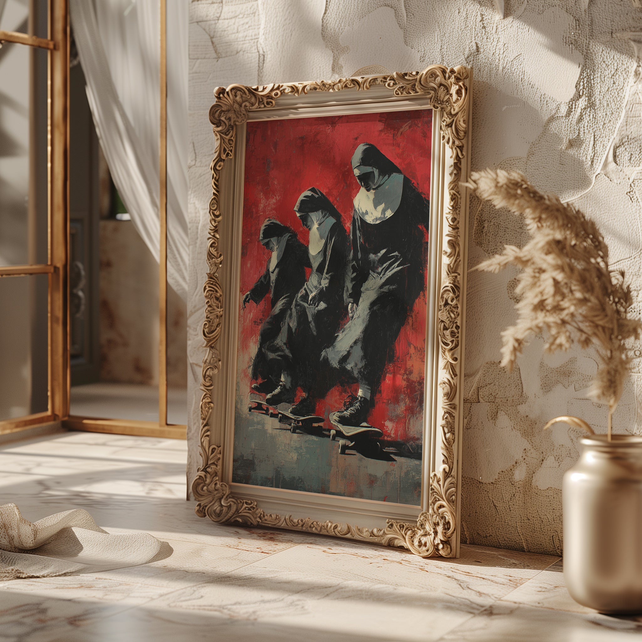 Skateboarding Nuns Poster – Rebellious Religious Art with Street Style Twist - Just Great Posters