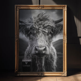 Highland Cow & Guinness – Rustic Bar Pub Wall Art Print - Just Great Posters