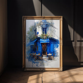 Paris Café Corner – Blue Façade Watercolor Print - Just Great Posters