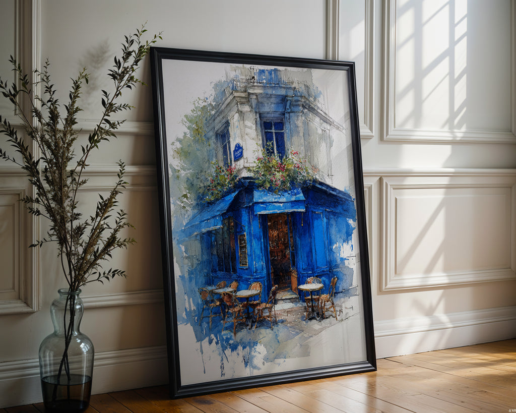 Paris Café Corner – Blue Façade Watercolor Print - Just Great Posters