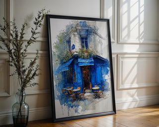 Paris Café Corner – Blue Façade Watercolor Print - Just Great Posters