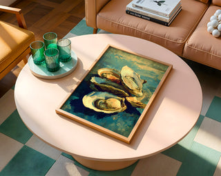 Oyster Shell Still Life Art Print – Coastal Kitchen Wall Art for Beach House or Nautical Dining Decor - Just Great Posters