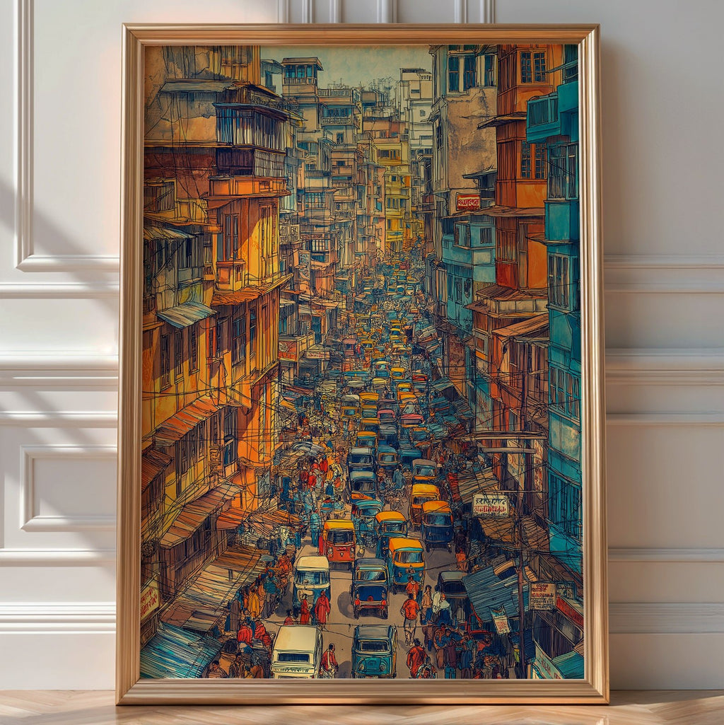 Mumbai Street Hustle Illustration – Vibrant Indian City Pen Drawing Poster - Just Great Posters