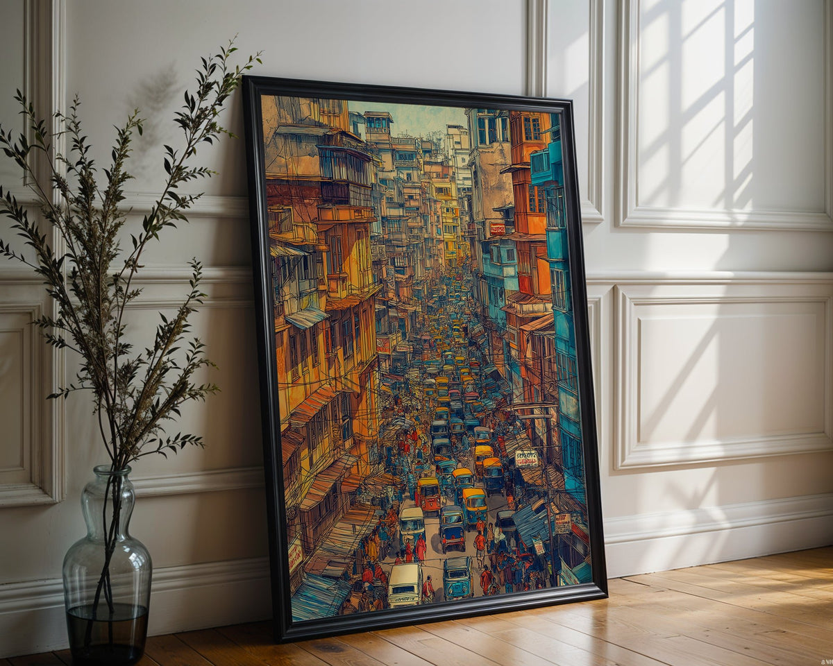 Mumbai Street Hustle Illustration – Vibrant Indian City Pen Drawing Poster - Just Great Posters