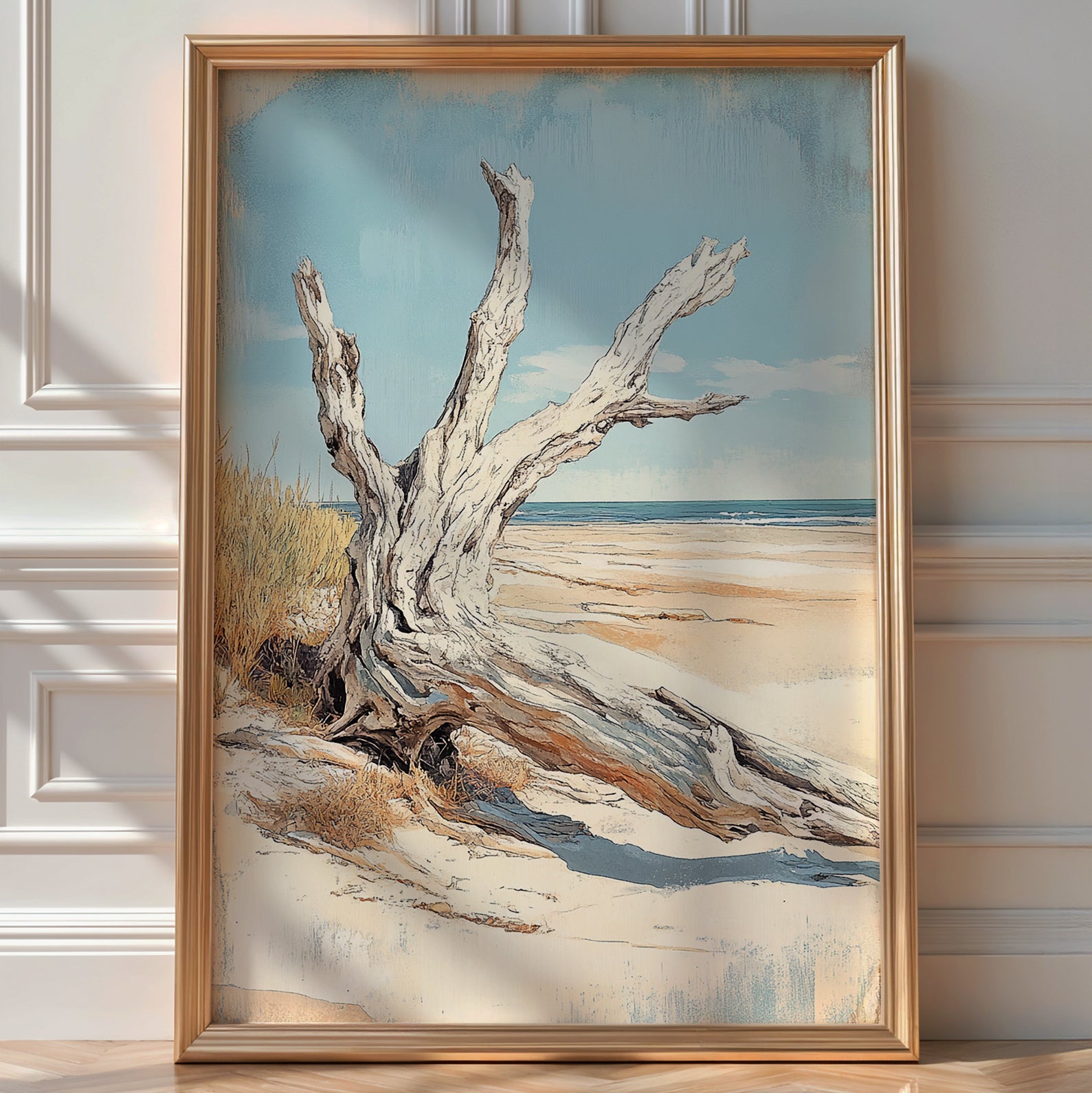 Driftwood on Tranquil Beach Poster - Just Great Posters