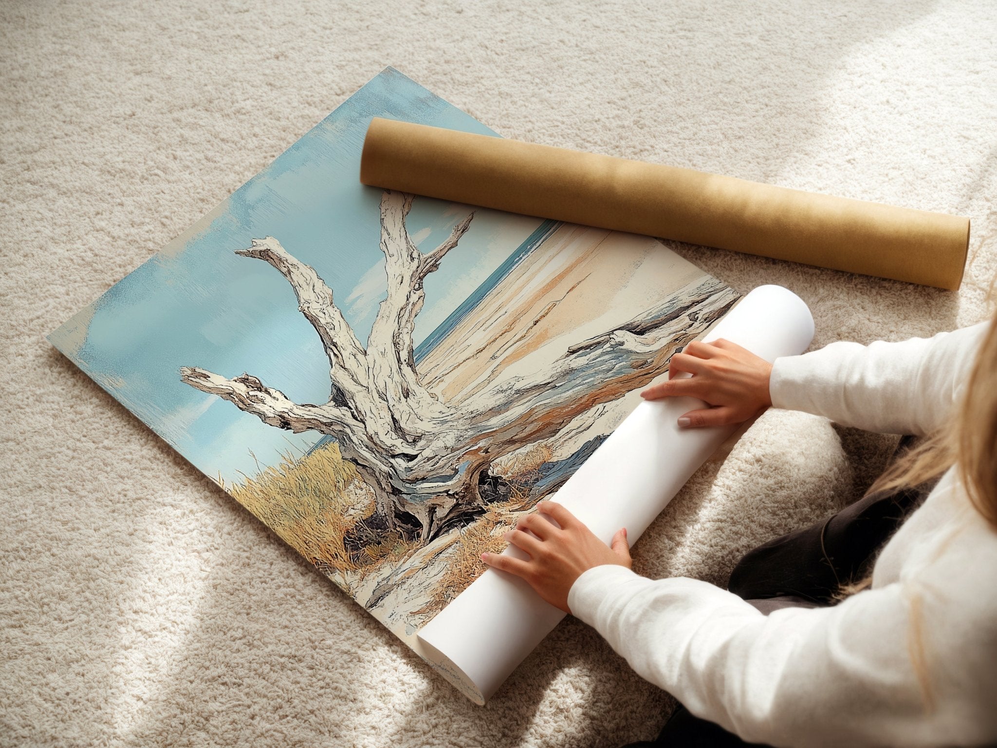 Driftwood on Tranquil Beach Poster - Just Great Posters