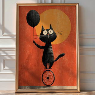Unicycle Cat & Balloon Poster – Whimsical Cartoon Pet Print - Just Great Posters