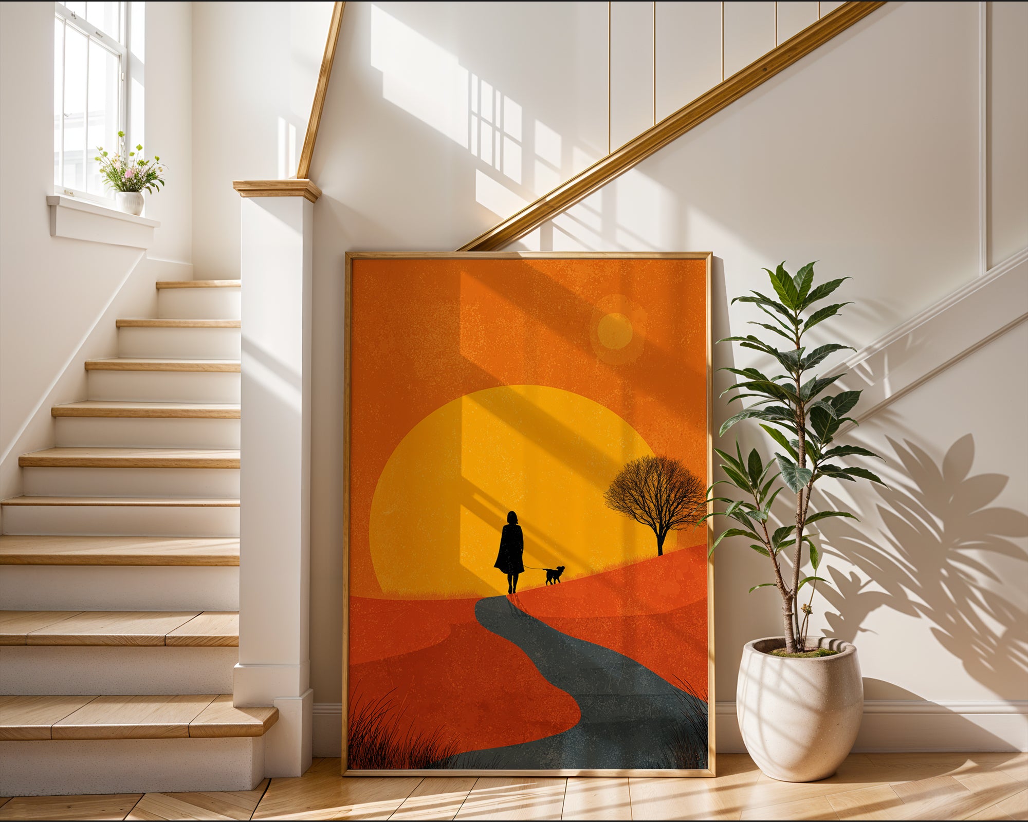 Sunset Stroll Silhouette Poster – Modern Dog Walk Art Print - Just Great Posters
