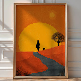 Sunset Stroll Silhouette Poster – Modern Dog Walk Art Print - Just Great Posters