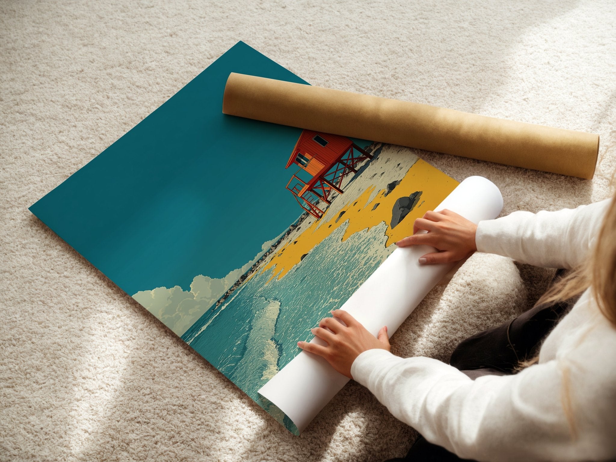 Lifeguard Beach Shack Poster – Coastal Minimalist Print - Just Great Posters