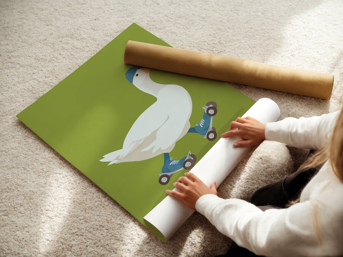 Funny Goose on Roller Skates Poster – Whimsical Animal Wall Art with Attitude - Just Great Posters