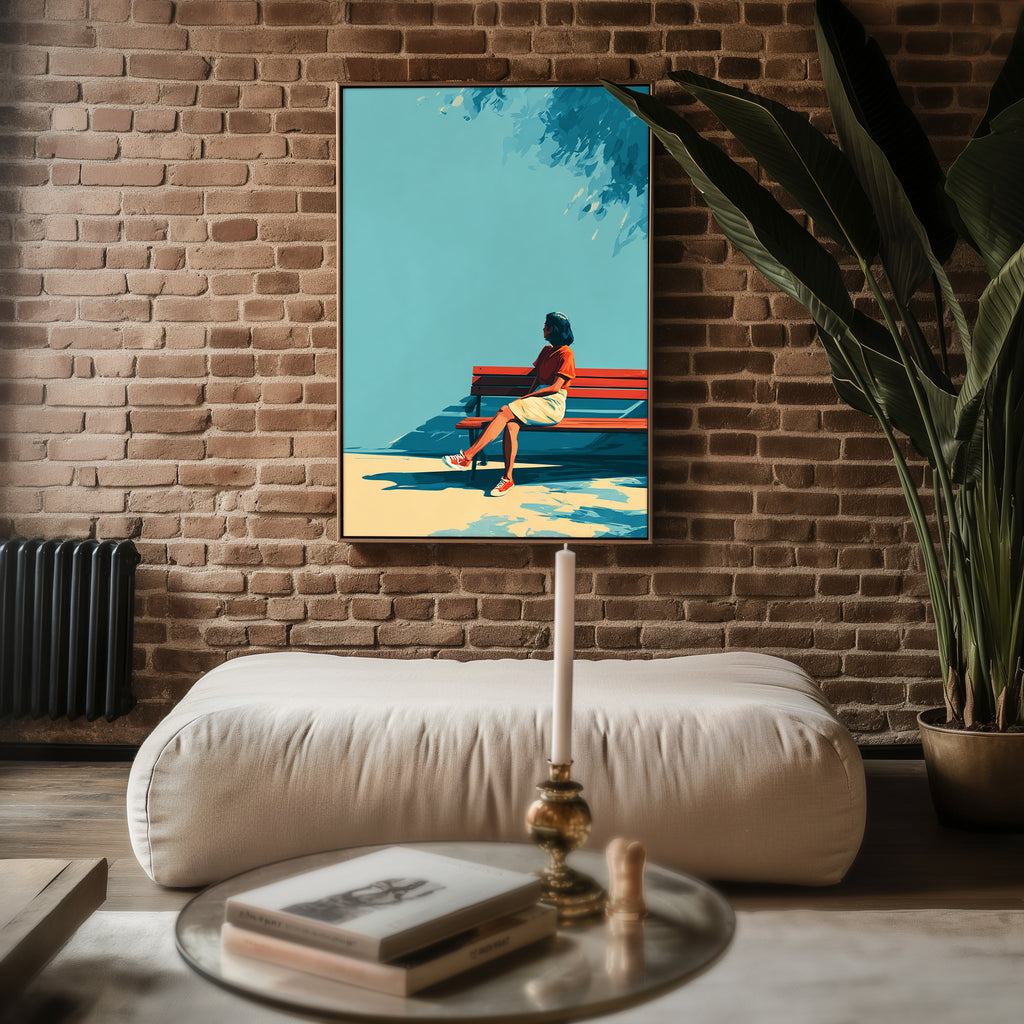 Minimalist Woman on Bench Poster – Summer Shade Wall Art Print - Just Great Posters