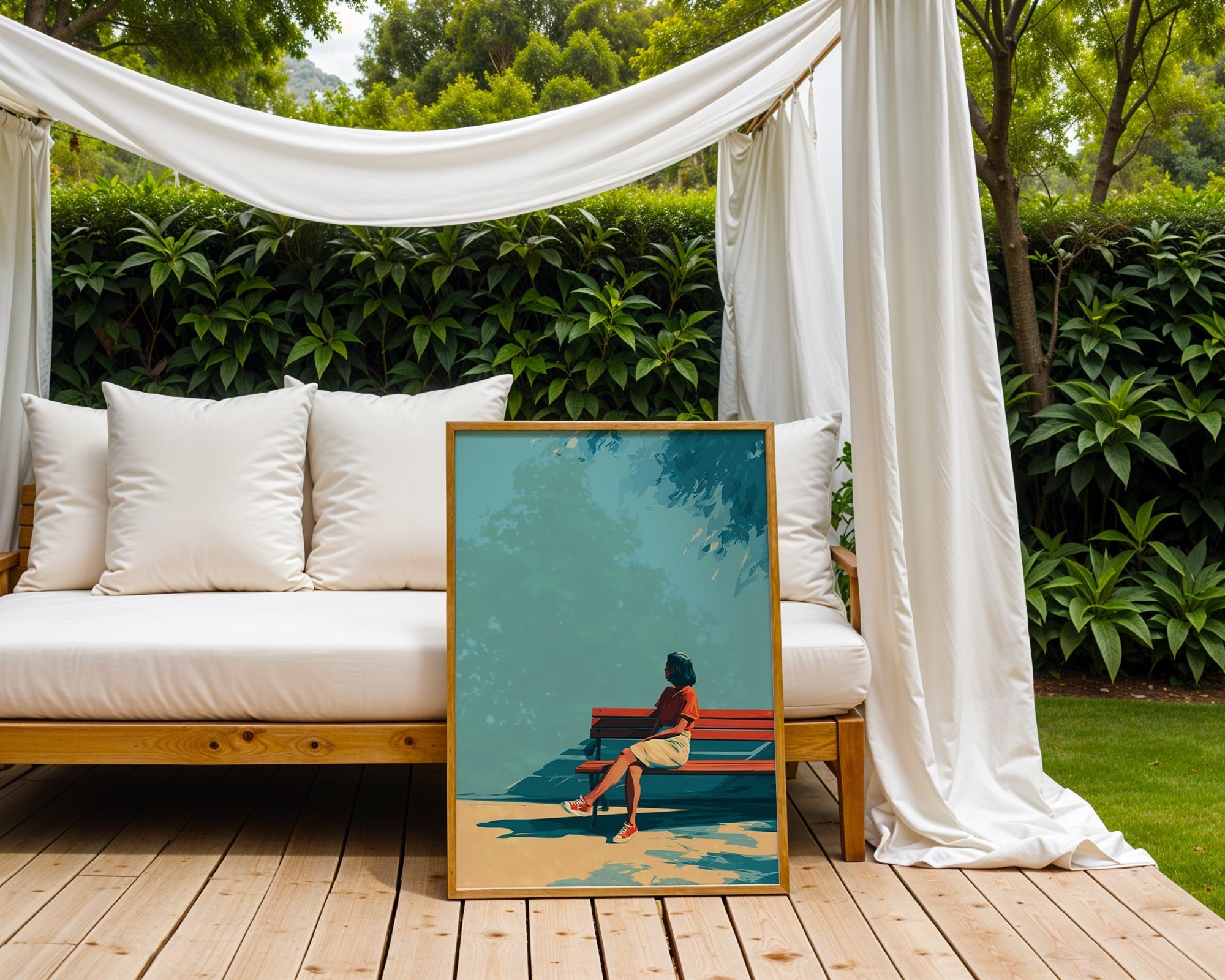 Minimalist Woman on Bench Poster – Summer Shade Wall Art Print - Just Great Posters