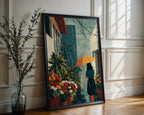 Rain Garden Umbrella Poster – Moody Floral Rain Art Print - Just Great Posters