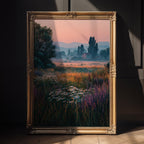 Framed landscape painting of a field with trees and mountains, illuminated by a warm light.

